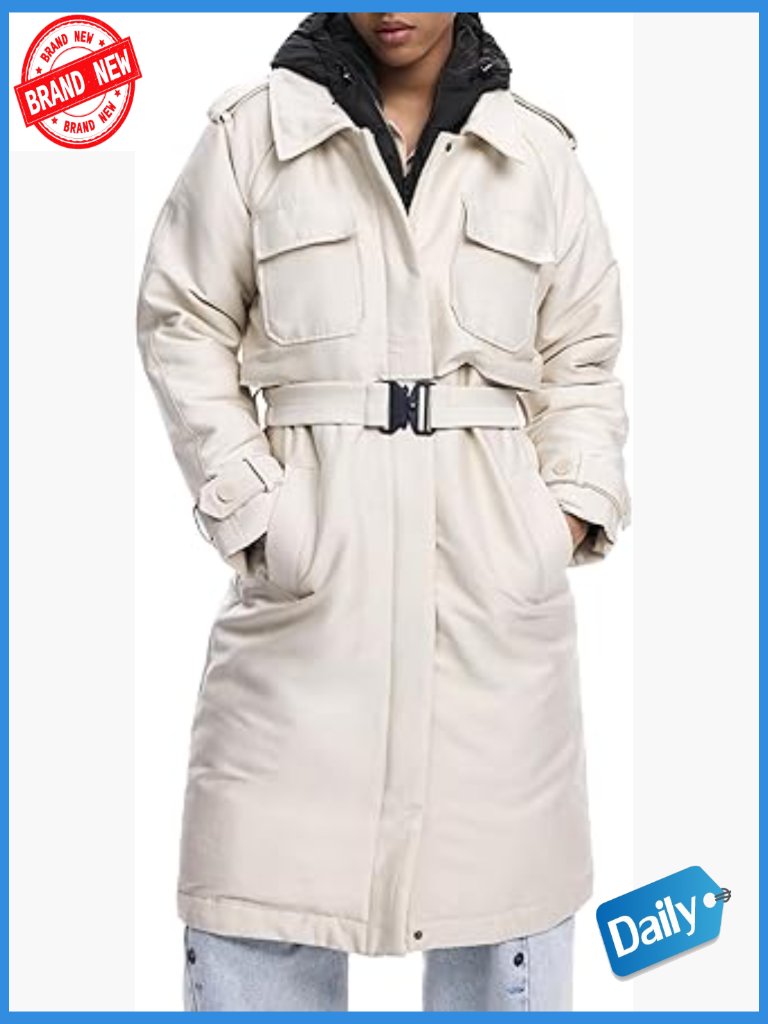 Woven Padded Long Overcoat Trench Coat With Button Closure